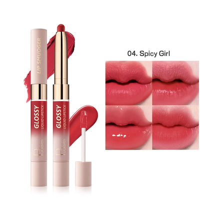 Double-headed lipstick and lip gloss case showing two applicators in 10 colour shades