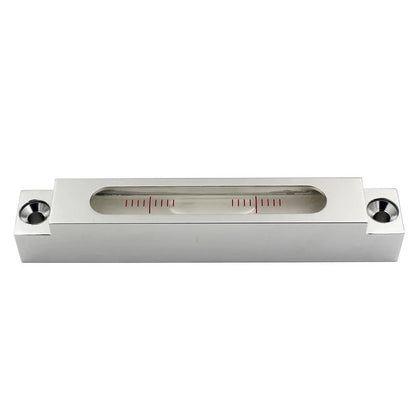 Metal and glass mini strip level showing 132mm length with clear 500 blister vial for precise measurement