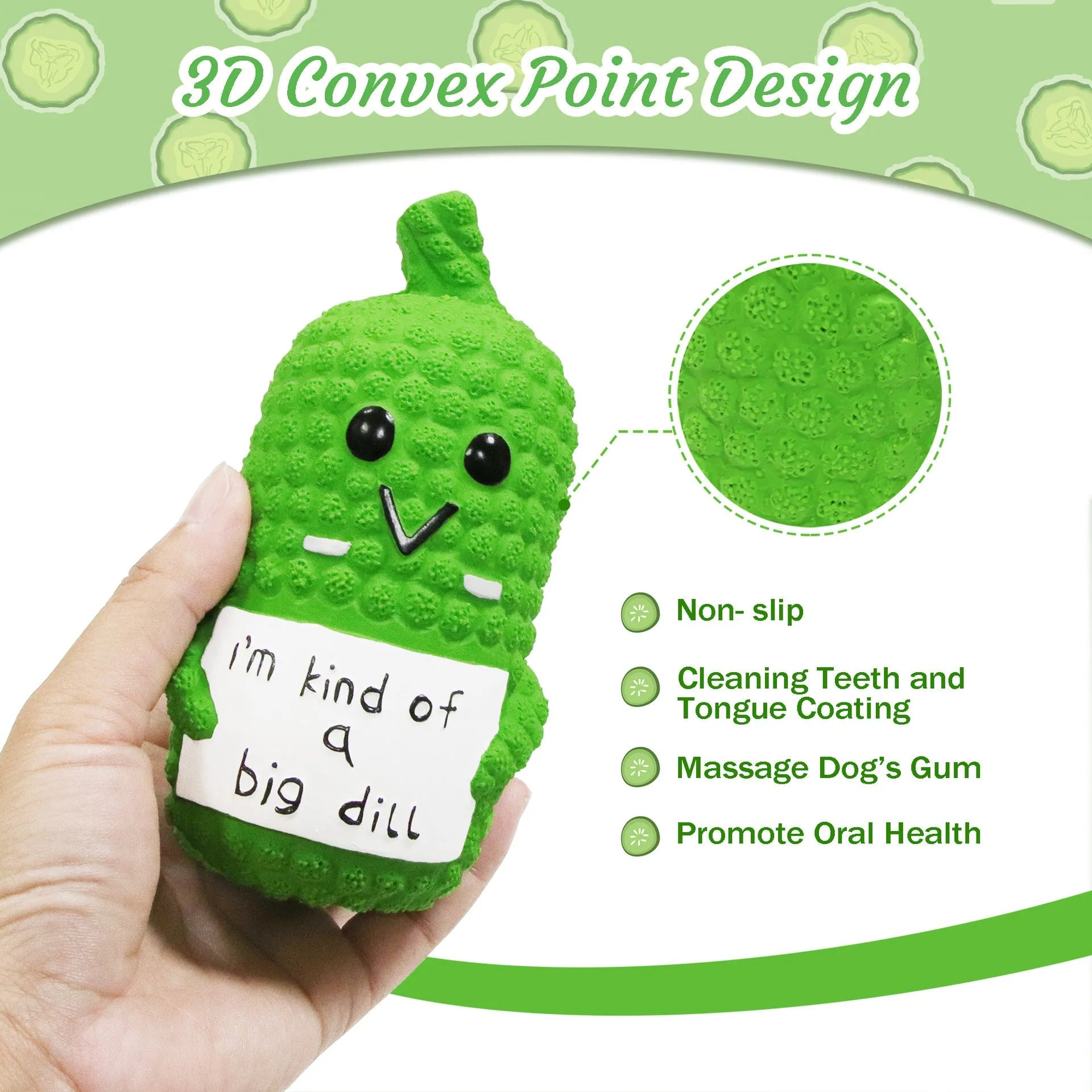 Green latex pickle-shaped squeaky dog chew toy for teething puppies and mild chewers.