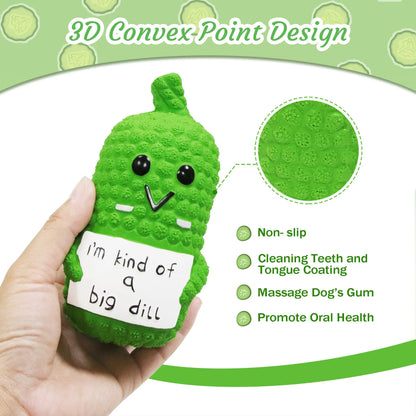 Green latex pickle-shaped squeaky dog chew toy for teething puppies and mild chewers.