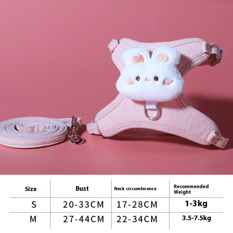 Corduroy pink rabbit cat walking rope with polyester chest strap and 1.2m hand holding rope