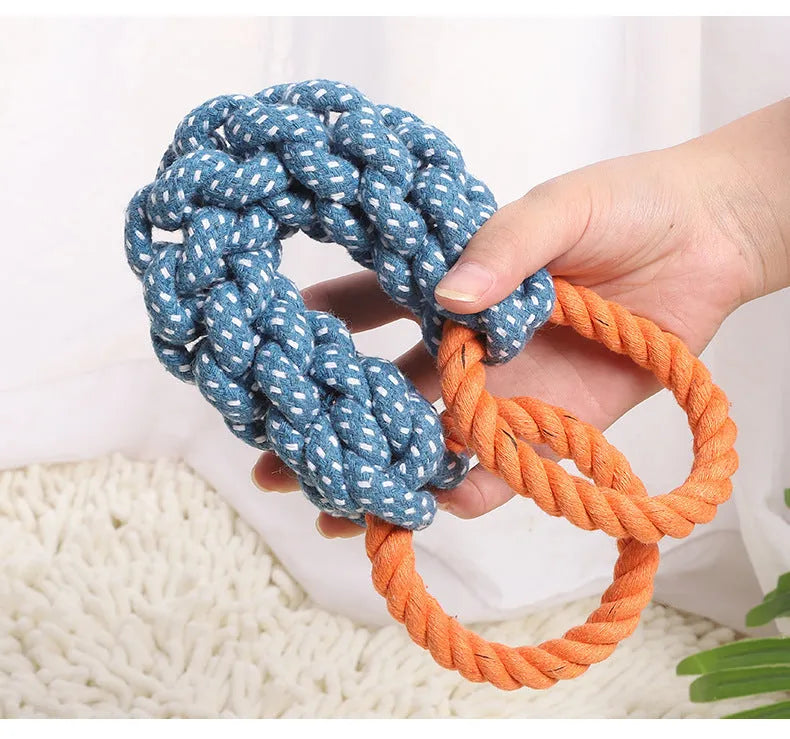 Blue braided bone-shaped cotton rope dog toy with double rings measuring 37 cm