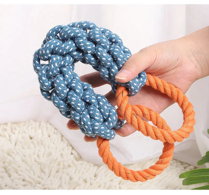 Blue braided bone-shaped cotton rope dog toy with double rings measuring 37 cm