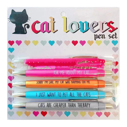 Five push action automatic pen markers with cat designs in beaded storage bag