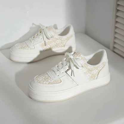 Beige plaid platform leisure sports shoes with lace-up front and rubber sole