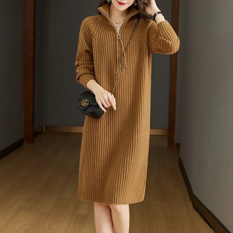 Women's beige casual long sleeve dress with half zip front and stand collar, loose straight fit.