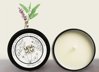 Black tin aromatic candle measuring 6cm diameter by 4cm height with soybean wax and natural wick