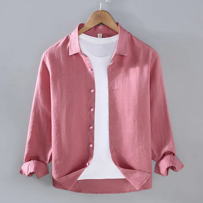 Pure linen men's cardigan shirt in a solid colour with long sleeves.
