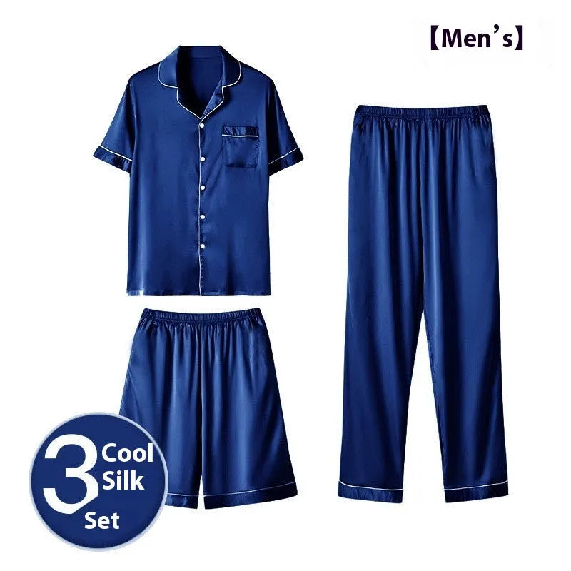 Men's black ice silk three-piece home wear set featuring a loose-fitting top with matching trousers and shorts.