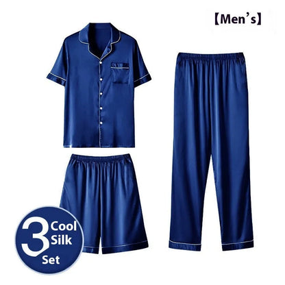 Men's black ice silk three-piece home wear set featuring a loose-fitting top with matching trousers and shorts.