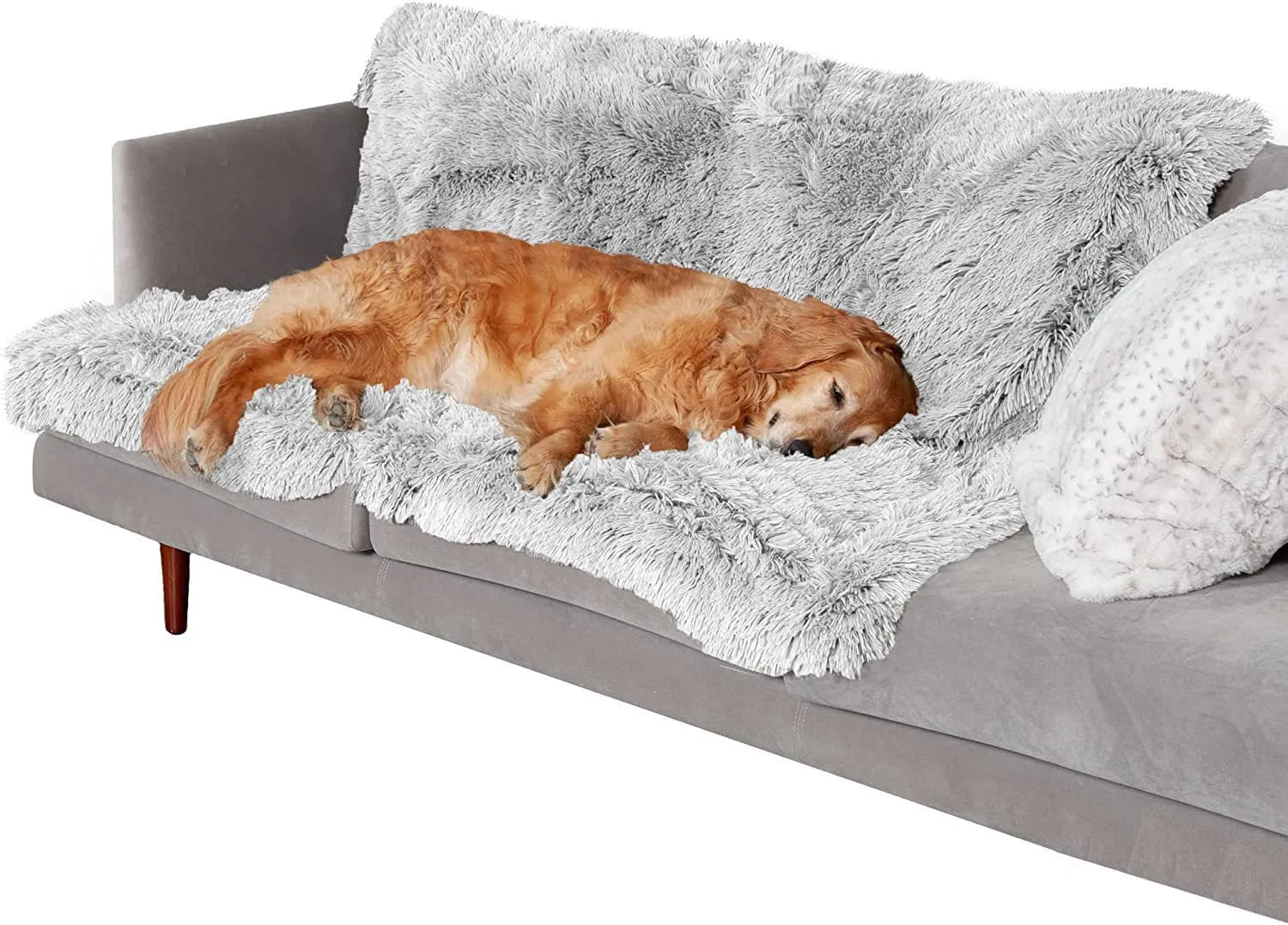 Grey plush waterproof dog cushion showing double-layer construction and rectangular shape