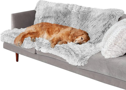 Grey plush waterproof dog cushion showing double-layer construction and rectangular shape