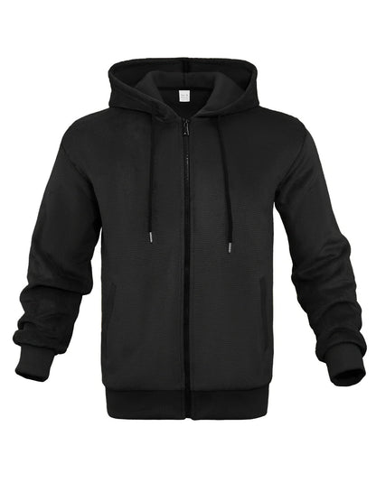 Men's grey zippered hooded sweatshirt with fleece lining and full-length front zip