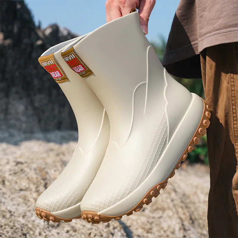 Men's mid low tube rain boots in black red colour with round toe and plastic soles