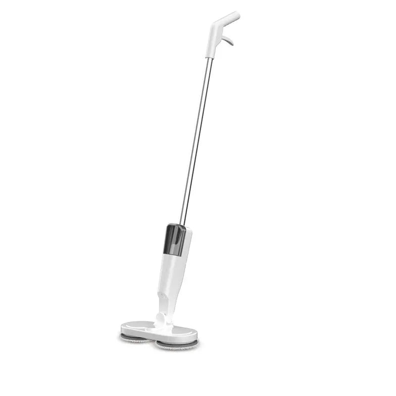 White and green cordless floor cleaning machine with sweeping brushes and water tank.