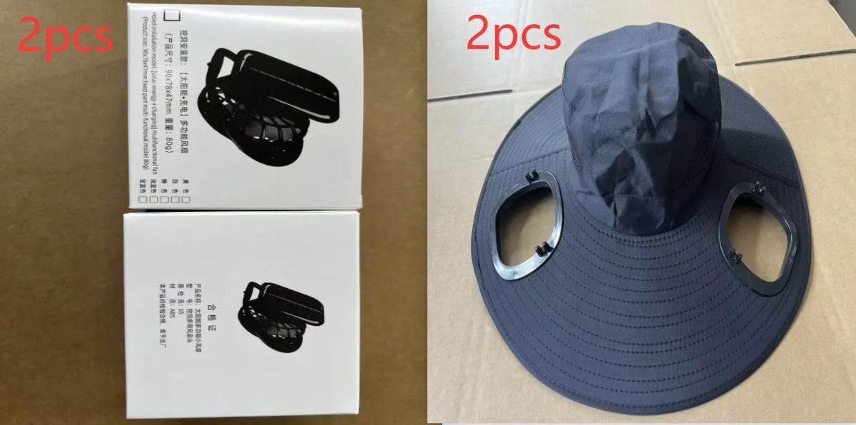 Men's grey solar-powered cooling cap with large eave and integrated fan for sun protection