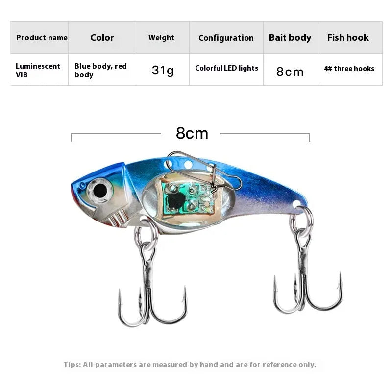 Luminous Metal Vib electronic fishing lure showing glow-in-the-dark features and metal vibration components