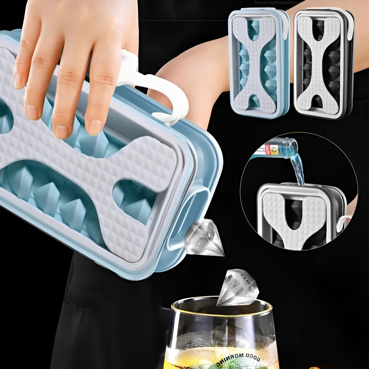 Light grey silicone ice ball mould and water bottle with modern minimalist design