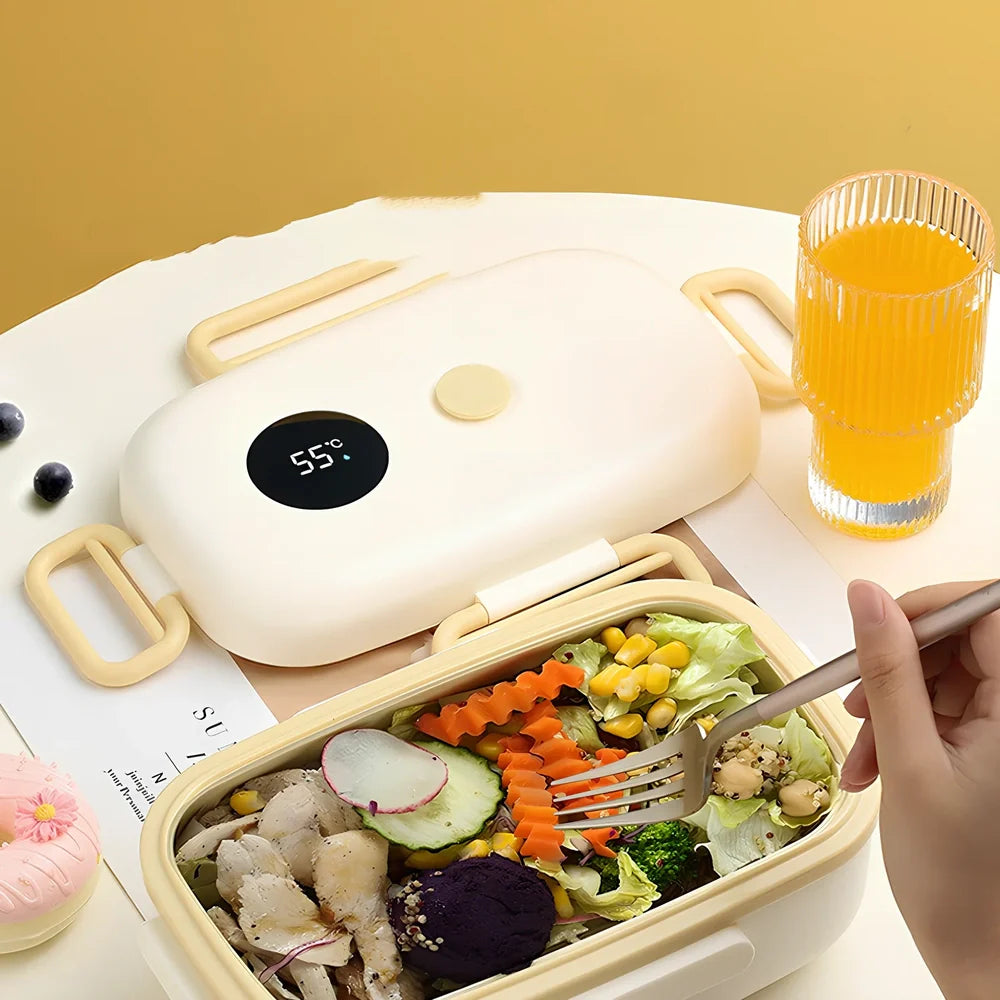 Rectangular lunch box with digital temperature display on lid, green colour, dimensions 235x150x99mm