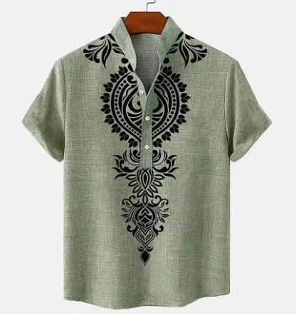 Men's striped casual linen shirt with personalised buttons showing loose fit and colour options