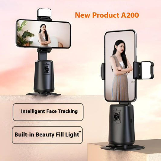 Black desktop phone holder with intelligent face tracking, rotating camera head, and ribbon LED lighting