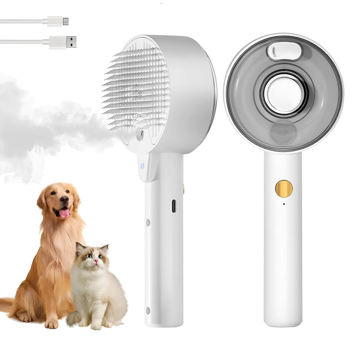Pink and white cat steam brush with mist spray function, rounded head, and stainless steel comb bristles.