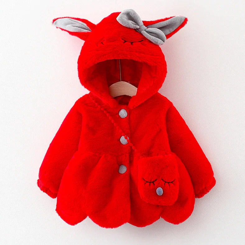 Children's furry cotton-padded coat with cartoon pattern in red colour, showing single-breasted closure and fleece lining