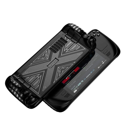 Red, blue, and black flexible silicone protective covers for a Steam Deck game console.