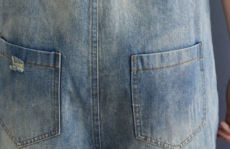 Women's blue denim jean suspenders with adjustable straps, Korean design