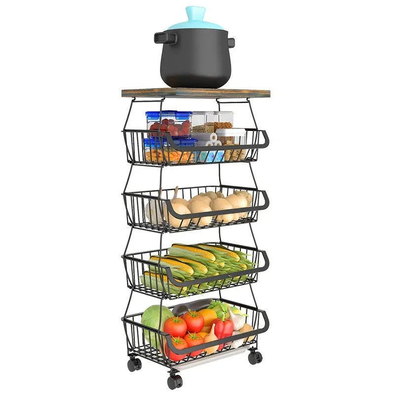 Black kitchen storage trolley with 6 shelves, carbon steel frame, and locking wheels on kitchen floor