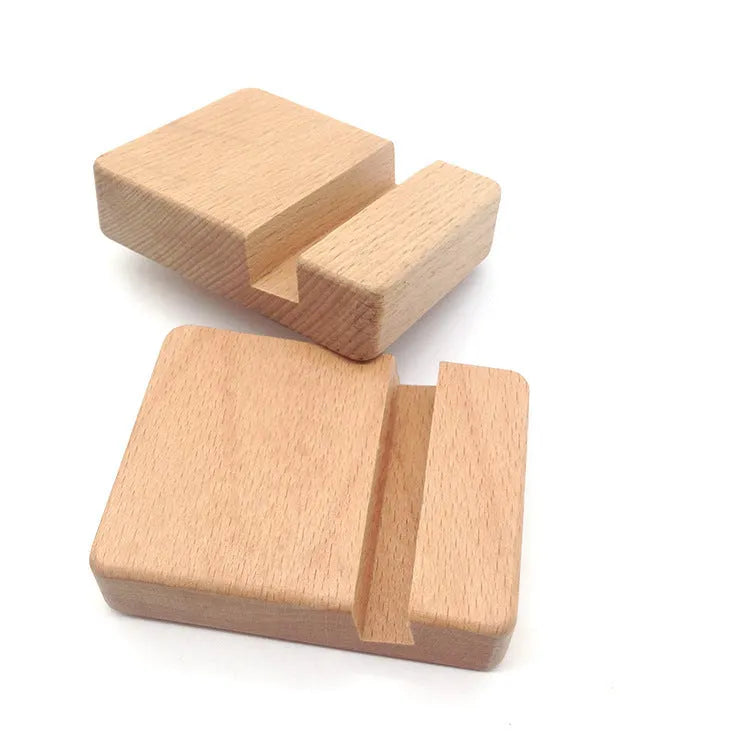 Beech wood mobile phone holder with coin slot showing adjustable angle and resin decorative elements