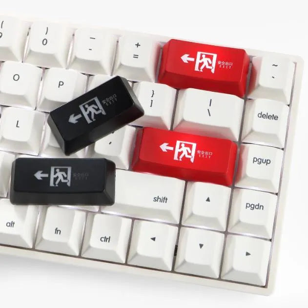 Transparent mechanical keyboard key cap with safety evacuation exit design in red colour
