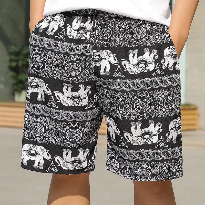 Man wearing loose-fitting striped beach pants made from quick-dry ice silk fabric.