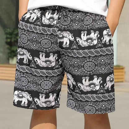 Man wearing loose-fitting striped beach pants made from quick-dry ice silk fabric.