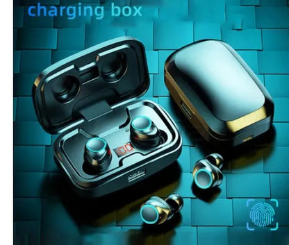 Black Bluetooth gaming headset with charging box and mobile phone charging functionality