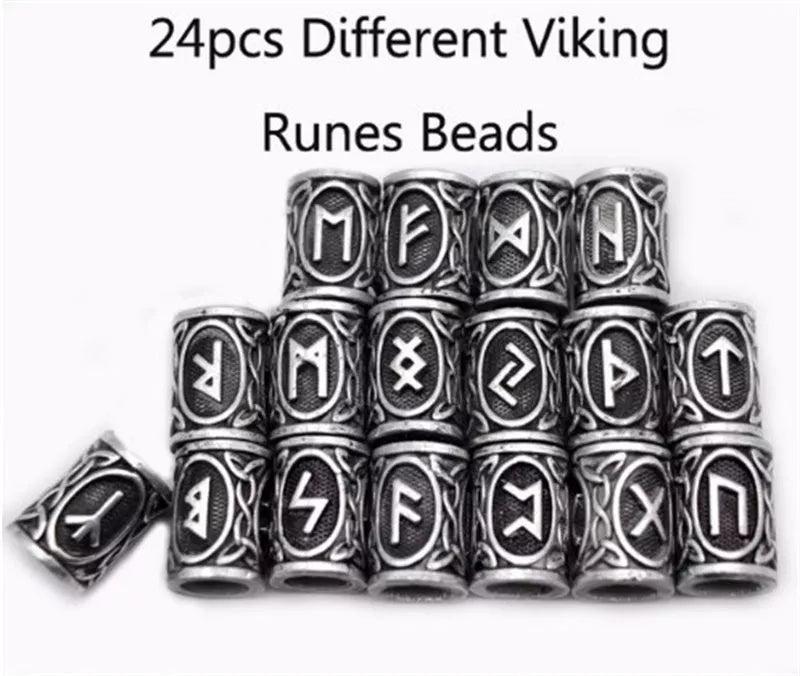 Set of 24 Viking Rune Beard Beads in antique silver, bronze, and red brass