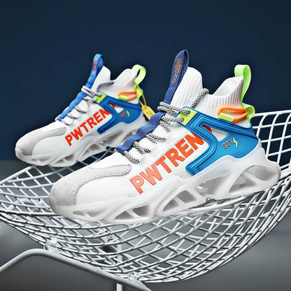 Shock-absorbing flying woven sports shoes in black, yellow, orange, and blue
