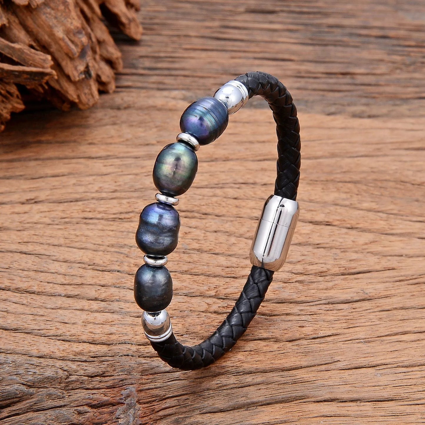 Korean style unisex leather bracelet with irregular natural pearls in six colour options