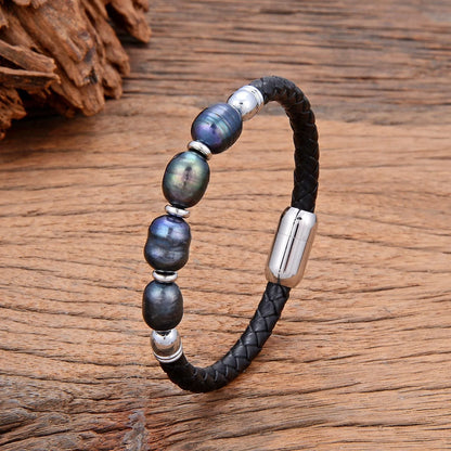 Korean style unisex leather bracelet with irregular natural pearls in six colour options