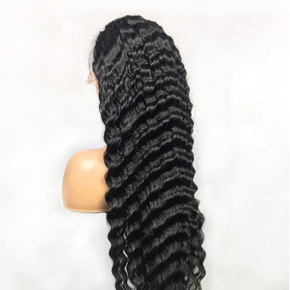 Deep wave human hair lace frontal wig showing natural hairline and wave texture