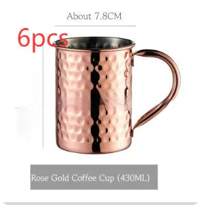 Stainless steel Moscow Mule cup with copper interior in gold, rose gold, silver, or black finish.