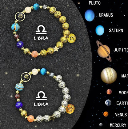 Two adjustable beaded bracelets with zodiac signs on natural stone beads, length 18-22cm