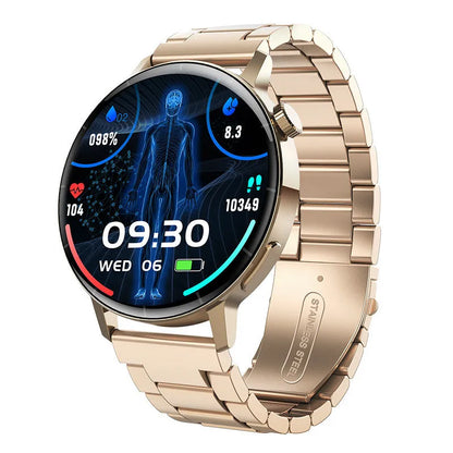 F67S blood glucose smart watch with leather strap showing health monitoring display