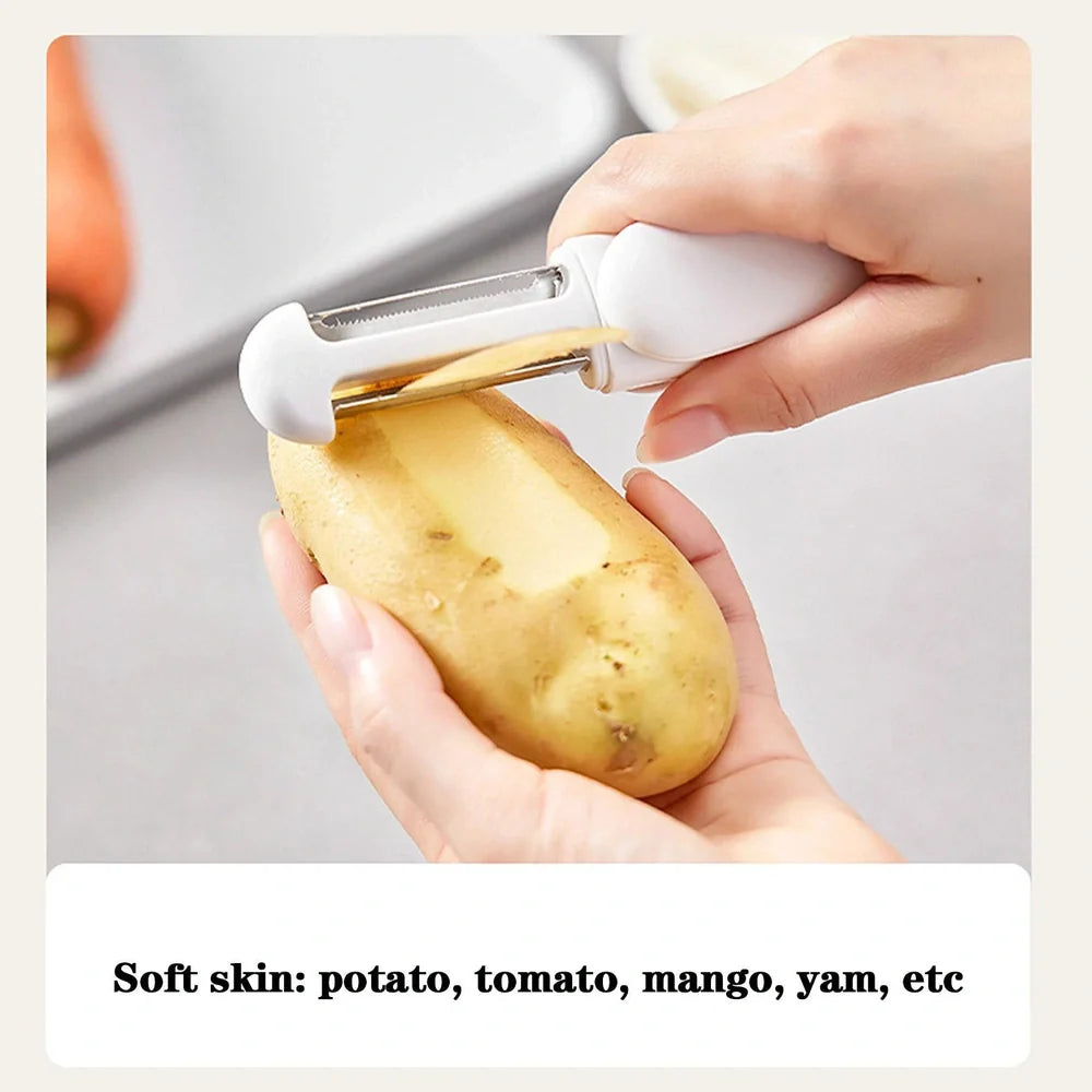 White 3-in-1 rotary paring knife with stainless steel blades showing 360° rotating mechanism