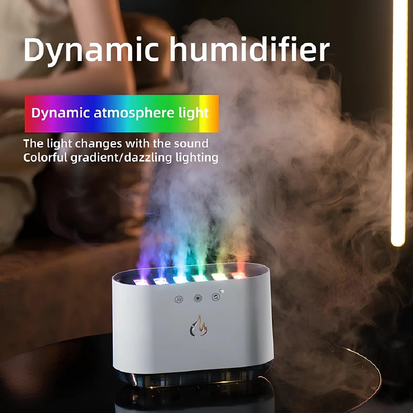 White ultrasonic humidifier with 7-colour LED lights and 360° rotating mist nozzle