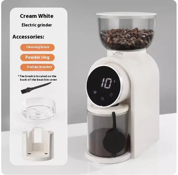 Smart electric coffee grinder in black or white with adjustable scale, plastic body, HB583 or HB683 model options