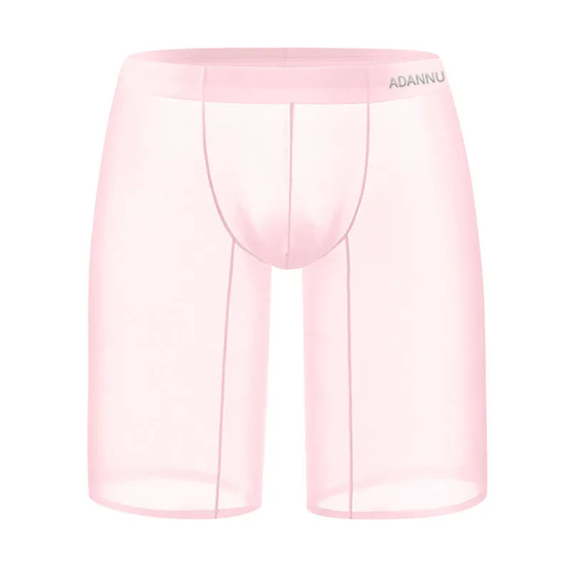 Fashion Personality men's black seamless mesh lounge shorts on a hanger, showing hip-lift design and knitted texture.