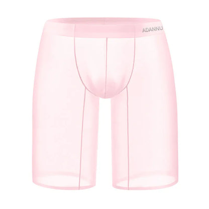 Fashion Personality men's black seamless mesh lounge shorts on a hanger, showing hip-lift design and knitted texture.