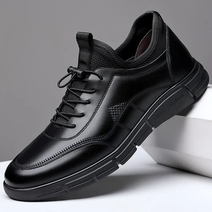 Men's black leather casual shoes with square heel and leather stitching details