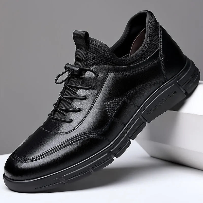 Men's casual high heel leather shoes with waterproof and non-slip functions, featuring a square heel low top silhouette, made from double-layer cowhide upper and rubber sole in black colour available in sizes 38 to 44 for autumn wear.